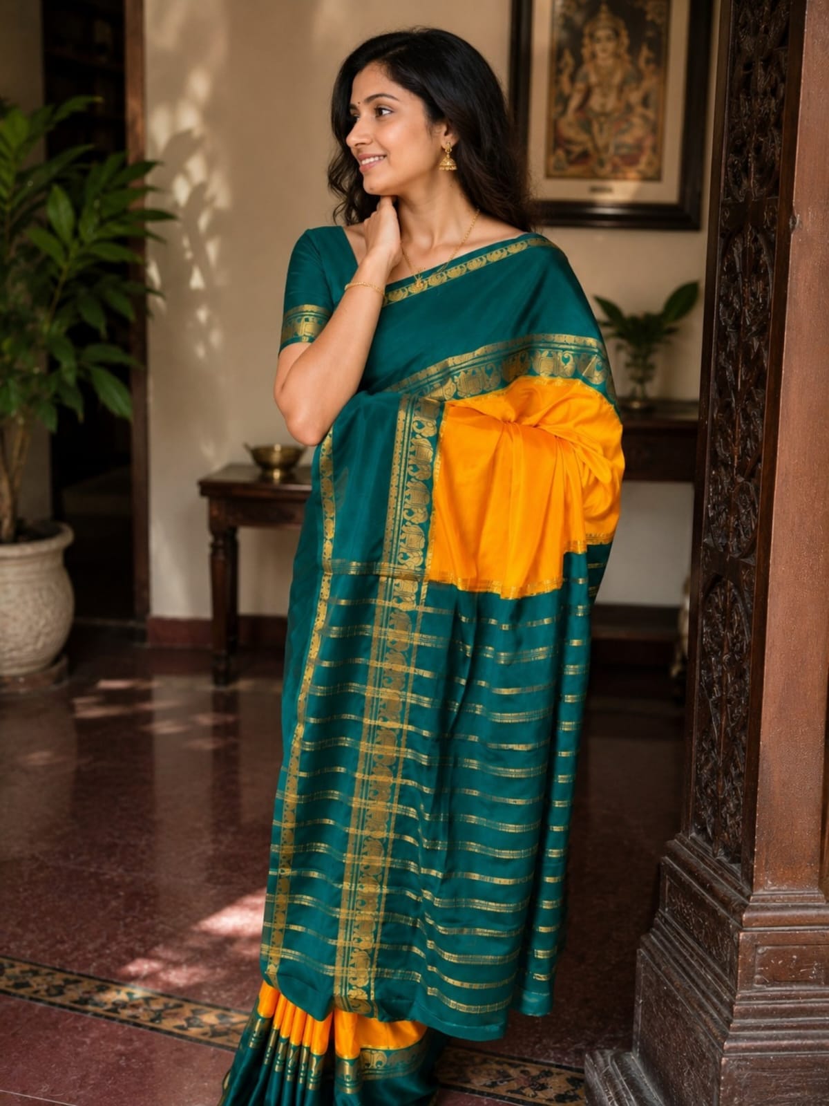 Mysore Semi crepe Silk Saree Bentex Border With Elephant Design