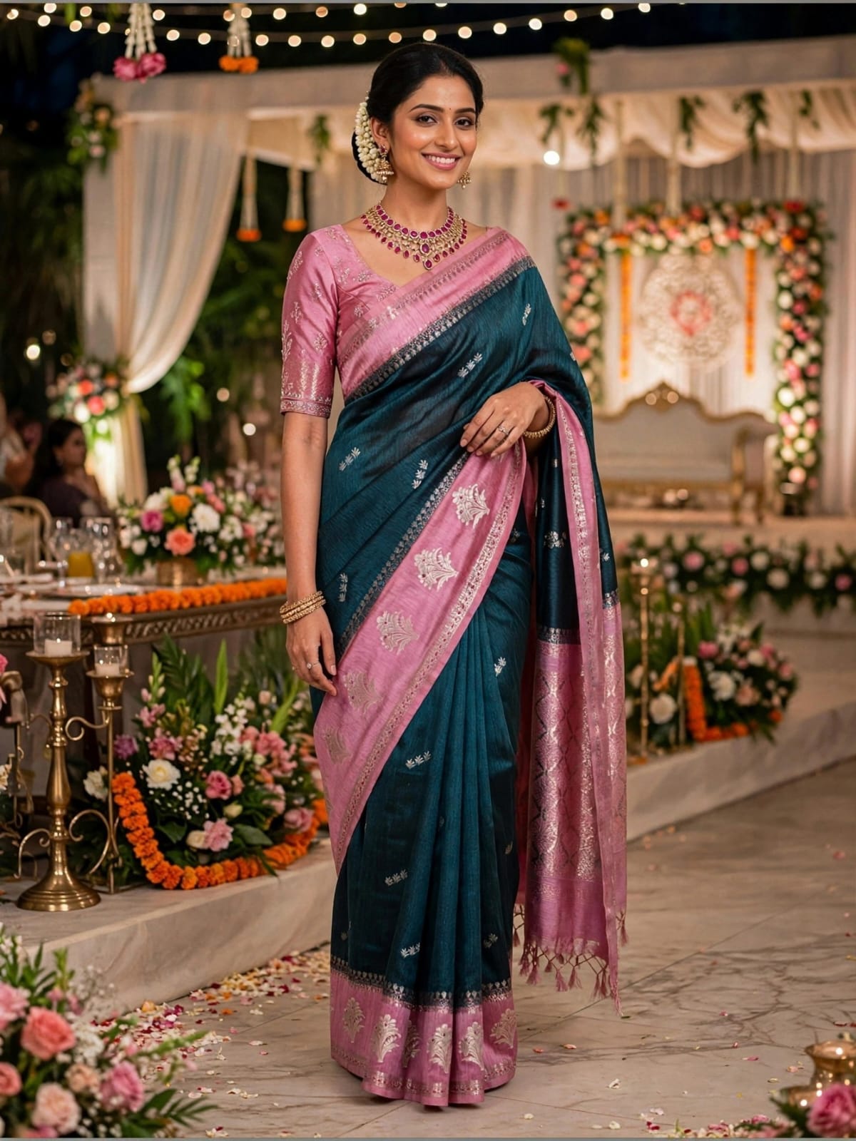 Pure Mulberry Silk Saree with Bottle Green and Pink Border