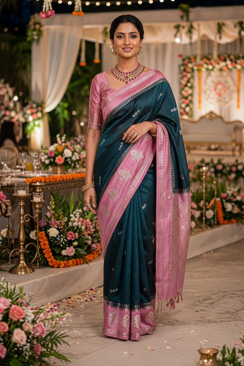 Pure Mulberry Silk Saree with Bottle Green and Pink Border