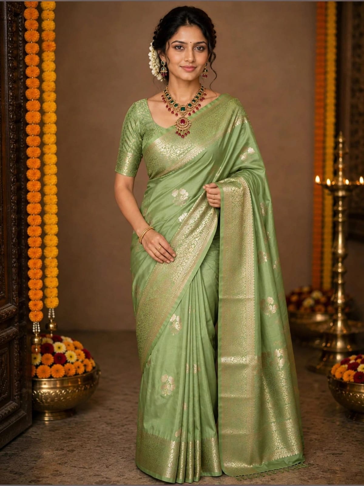 Russian katan silk Saree with Flower Motifs