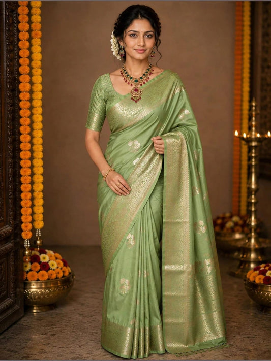 Russian katan silk Saree with Flower Motifs
