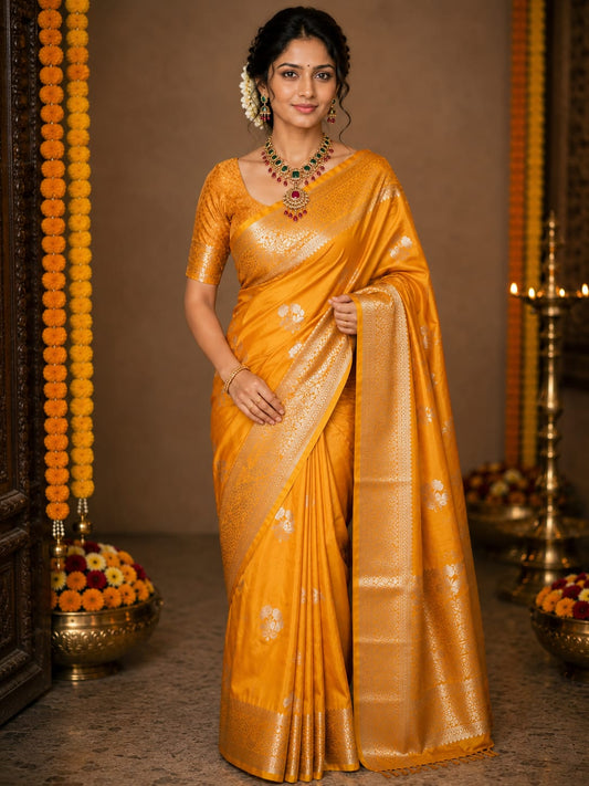 Russian katan silk Saree with Flower Motifs